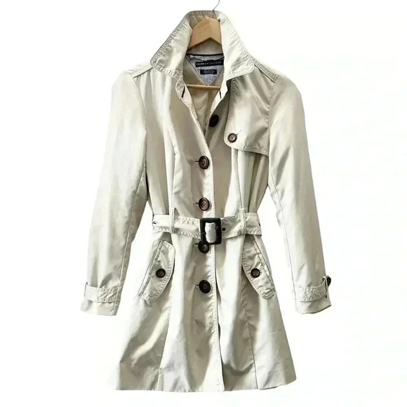 Tommy Hilfiger Trench Coat Jacket Light Beige Tan Neutral Belted Size Small - Picture 3 of 16